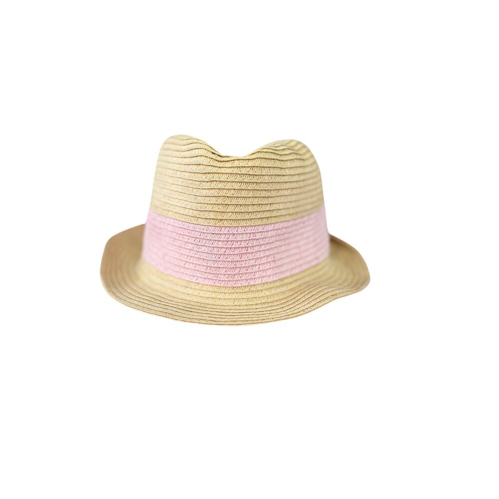 Old Navy Straw Fedora Hat S/M Tan Pink Colorblock Paper Blend Summer Resort